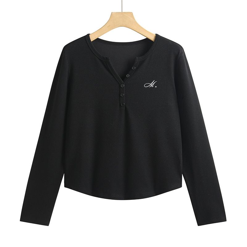 韓版刺繡紐扣V領德絨百搭時尚長袖女T恤 黑色