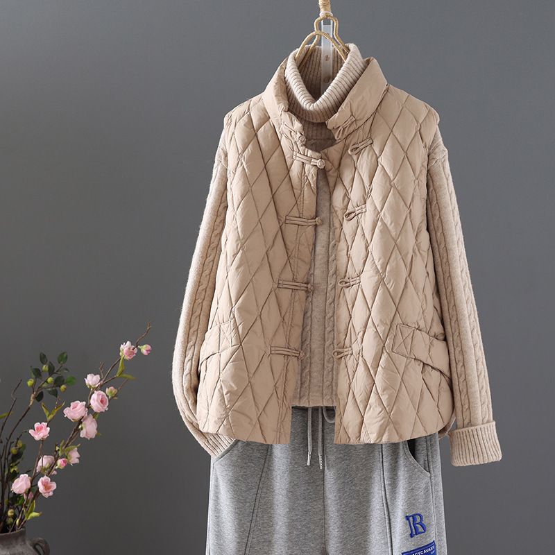 無袖盤扣棉服馬甲 卡其色