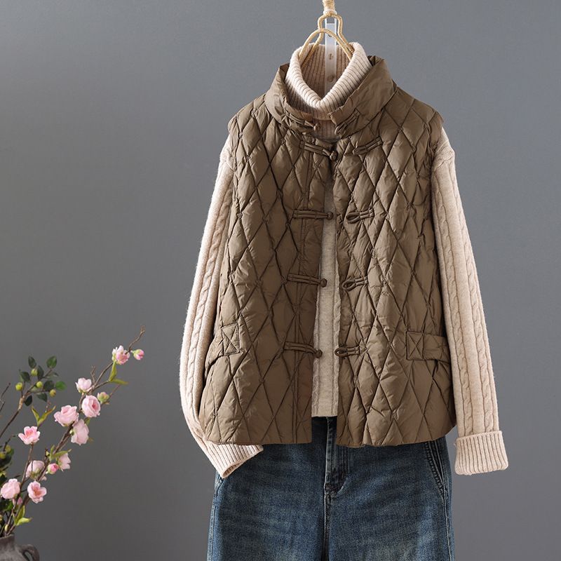 無袖盤扣棉服馬甲 啡色