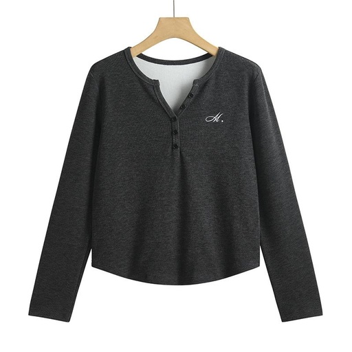 韓版刺繡紐扣V領德絨百搭時尚長袖女T恤 深灰