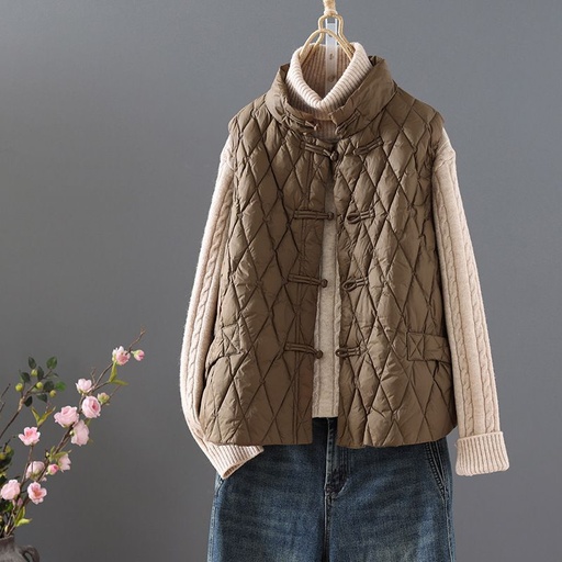 無袖盤扣棉服馬甲 啡色